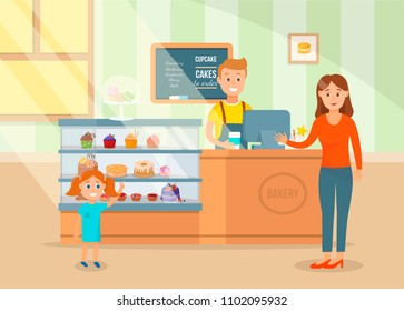 Cartoon Happy Mom and Little Daughter Choose Cake in Pastry Bakery Shop Pattern Vector Illustration Dessert Concept.