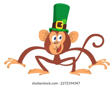 Cartoon happy monkey chimpanzee character wearing st patrick's hat with a clover. Vector illustration for Saint Patrick's Day. Party poster design.
