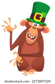 Cartoon happy monkey chimpanzee character wearing st patrick's hat with a clover. Vector illustration for Saint Patrick's Day. Party poster design.
