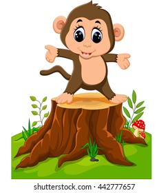 Cartoon happy monkey dancing on tree stump