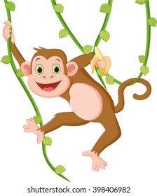 Cartoon happy monkey hanging and holding a banana
