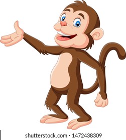 Cartoon happy monkey presenting on white background