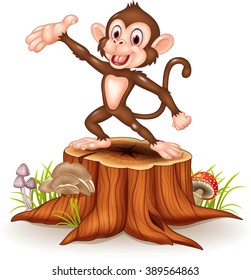 Cartoon Happy monkey presenting on tree stump