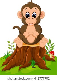 Cartoon happy monkey sitting on tree stump