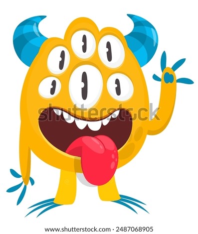 Cartoon happy monster alien with long tongue sticking out of mouth and many eyes.  Vector illustration isolated on white. Character For Halloween party or package design