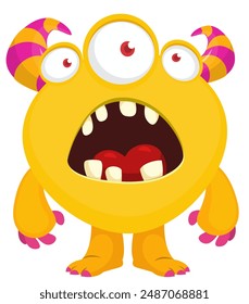 Cartoon happy monster alien many eyes.  Vector illustration isolated on white. Character For Halloween party or package design