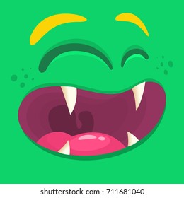 Cartoon happy monster face. Vector Halloween green cool monster avatar. Design for print, party invitation or emblem