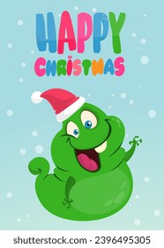 Cartoon happy monster with funny face expression wearing Santa Claus hat. Merry Christmas party invitation card or  poster. New year's holiday design. Vector illustration.