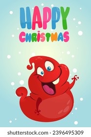 Cartoon happy monster with funny face expression. Merry Christmas party invitation card or  poster. New year's holiday design. Vector illustration.