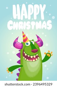 Cartoon happy monster with funny face expression. Merry Christmas party invitation card or  poster. New year's holiday design. Vector illustration.