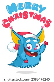 Cartoon happy monster with funny face expression wearing Santa Claus hat. Merry Christmas party invitation card or  poster. New year's holiday design. Vector illustration.