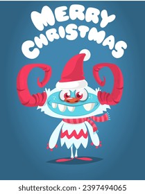 Cartoon happy monster with funny face expression wearing Santa Claus hat. Merry Christmas party invitation card or  poster. New year's holiday design. Vector illustration.