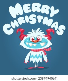 Cartoon happy monster with funny face expression wearing Santa Claus hat. Merry Christmas party invitation card or  poster. New year's holiday design. Vector illustration.