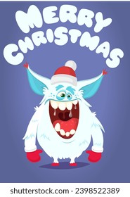 Cartoon happy monster with funny face expression wearing Santa Claus hat. Merry Christmas party invitation card or  poster. New year's holiday design. Vector illustration.