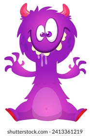 Cartoon happy monster with funny face expression sitting.  Vector illustration.
