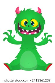 Cartoon happy monster with funny face expression sitting.  Vector illustration isolated on white. Great for Halloween party or package design.