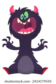 Cartoon happy monster with funny face expression sitting.  Vector illustration isolated on white. Great for Halloween party or package design.