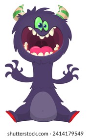Cartoon happy monster with funny face expression sitting.  Vector illustration isolated on white. Great for Halloween party or package design.