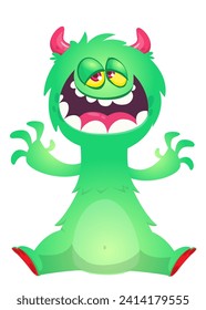 Cartoon happy monster with funny face expression sitting.  Vector illustration isolated on white. Great for Halloween party or package design.