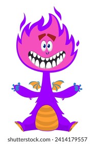 Cartoon happy monster with funny face expression sitting.  Vector illustration isolated on white. Great for Halloween party or package design.