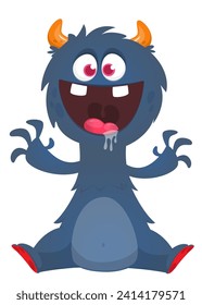 Cartoon happy monster with funny face expression sitting.  Vector illustration isolated on white. Great for Halloween party or package design.