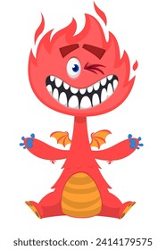 Cartoon happy monster with funny face expression sitting.  Vector illustration isolated on white. Great for Halloween party or package design.