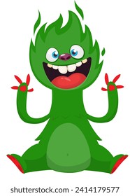 Cartoon happy monster with funny face expression sitting.  Vector illustration isolated on white. Great for Halloween party or package design.