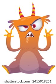 Cartoon happy monster with funny face expression sitting.  Vector illustration.