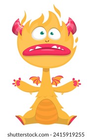 Cartoon happy monster with funny face expression sitting.  Vector illustration isolated on white. Great for Halloween party or package design.