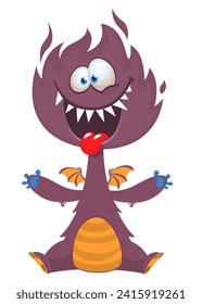 Cartoon happy monster with funny face expression sitting.  Vector illustration isolated on white. Great for Halloween party or package design.