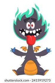 Cartoon happy monster with funny face expression sitting.  Vector illustration isolated on white. Great for Halloween party or package design.