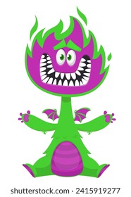 Cartoon happy monster with funny face expression sitting.  Vector illustration isolated on white. Great for Halloween party or package design.