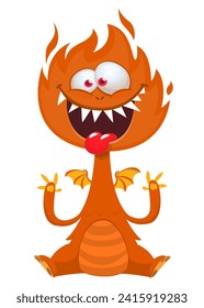 Cartoon happy monster with funny face expression sitting.  Vector illustration isolated on white. Great for Halloween party or package design.