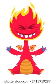 Cartoon happy monster with funny face expression sitting.  Vector illustration isolated on white. Great for Halloween party or package design.