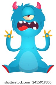 Cartoon happy monster with funny face expression sitting.  Vector illustration.