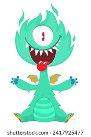 Cartoon happy monster with funny face expression sitting.  Vector illustration isolated on white. Great for Halloween party or package design.