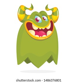 Cartoon happy monster. Halloween illustration of excited monster. Vector
