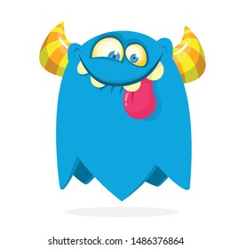 Cartoon happy monster. Halloween illustration of excited monster. Vector
