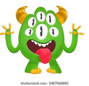 Cartoon happy monster with long tongue sticking out of mouth.  Vector illustration isolated on white. Character For Halloween party or package design