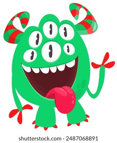 Cartoon happy monster with long tongue sticking out of mouth.  Vector illustration isolated on white. Character For Halloween party or package design