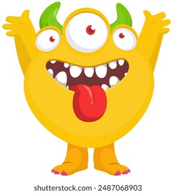 Cartoon happy monster with long tongue sticking out of mouth and three eyes