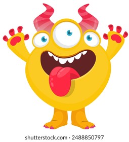 Cartoon happy monster with long tongue sticking out of mouth.  Vector illustration isolated on white. Character For Halloween party or package design