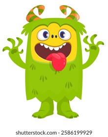 Cartoon happy monster with long tongue sticking out of the mouth.  Vector illustration isolated on white. For Halloween party or package design