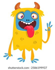 Cartoon happy monster with long tongue sticking out of the mouth.  Vector illustration isolated on white. For Halloween party or package design