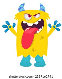 Cartoon happy monster with long tongue sticking out of the mouth.  Vector illustration isolated on white. For Halloween party or package design