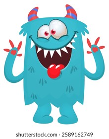 Cartoon happy monster with long tongue sticking out of the mouth.  Vector illustration isolated on white. For Halloween party or package design