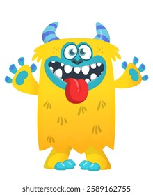 Cartoon happy monster with long tongue sticking out of the mouth.  Vector illustration isolated on white. For Halloween party or package design