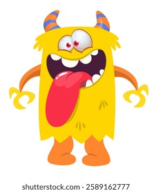 Cartoon happy monster with long tongue sticking out of the mouth.  Vector illustration isolated on white. For Halloween party or package design