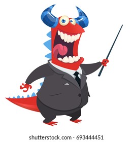 Cartoon happy monster  office clerk with a pointer presenting. Vector illustration