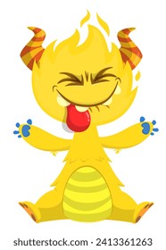 Cartoon happy monster showing long tongue.  Vector illustration isolated on white. Great for Halloween party or package design.